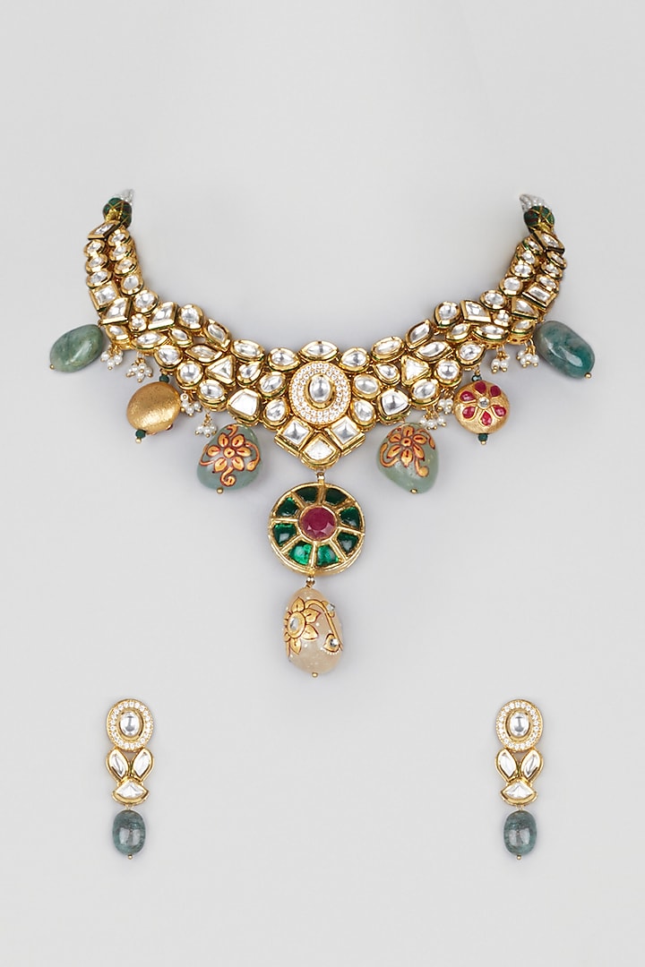 Gold Plated Kundan Polki & Crystals Necklace Set by Minaki at Pernia's Pop Up Shop